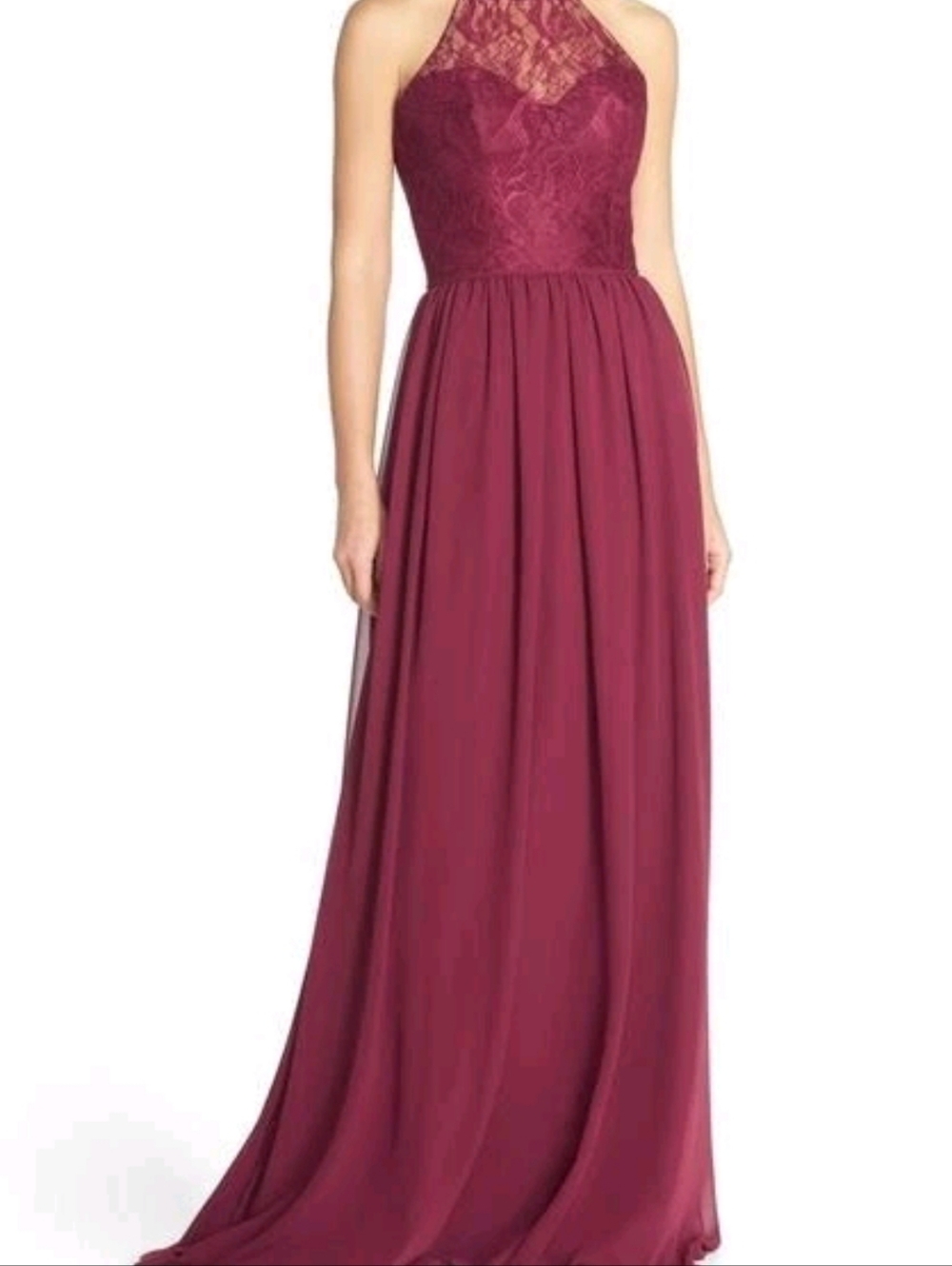 Hayley Paige Occasions Womens 6 Berry Lace Halter Maxi Gown Bridesmaid Dress
